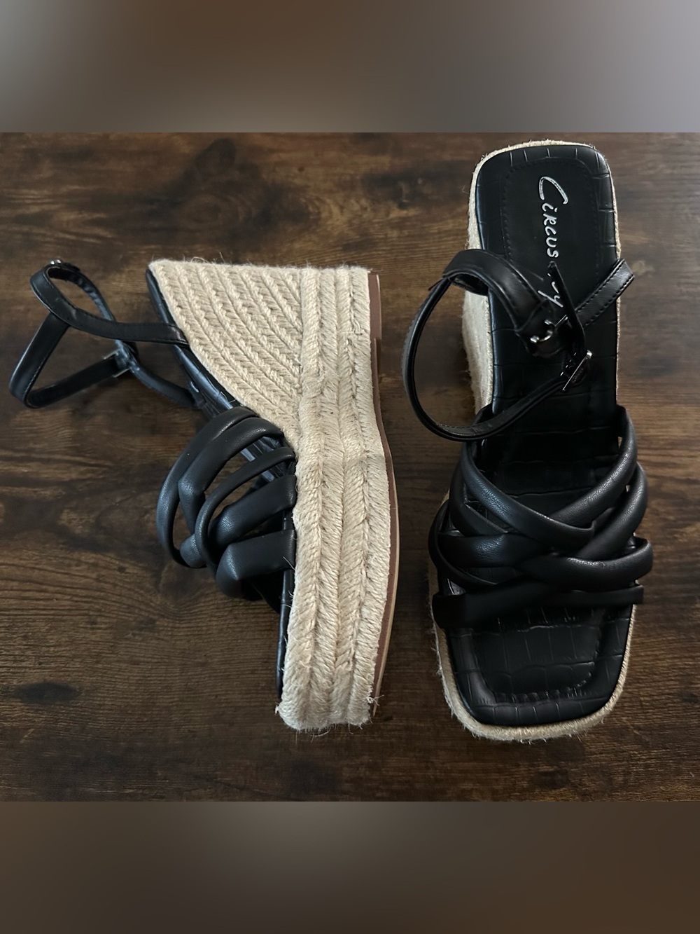 Circus by Sam Edelman Black Espadrille Wedge Sandals Ankle Strap Fairy Boho